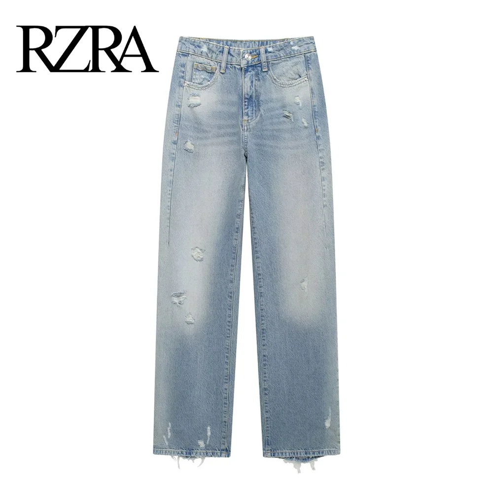 RZRA2024 autumn and winter new women's straight jeans fashionable commuting all-match hole-decorated high-waist loose trousers