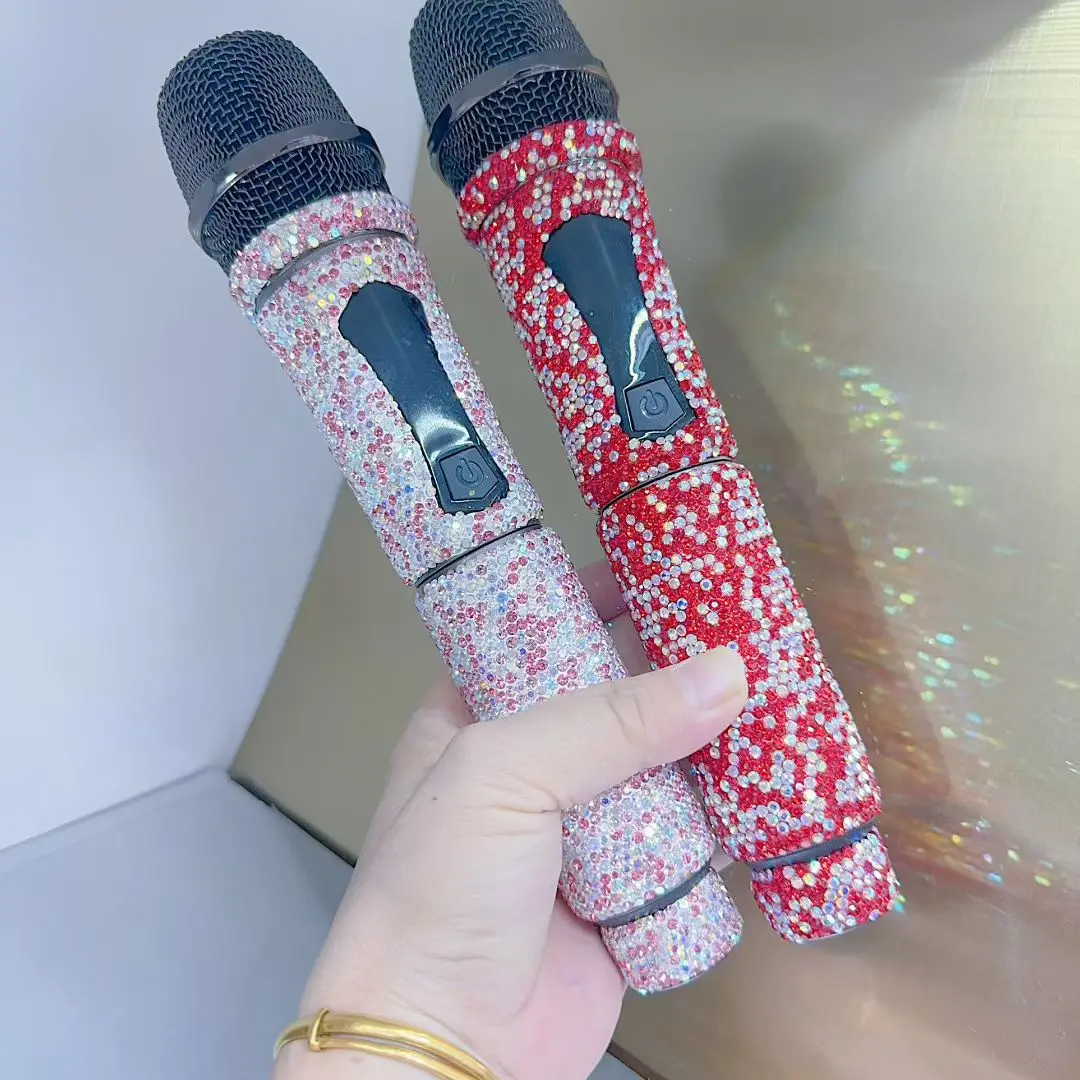 Sparkling Rhinestones Wireless Microphone Professional UHF Frequency Adjustable Metal For Paryt Show Teaching Wedding Speaker