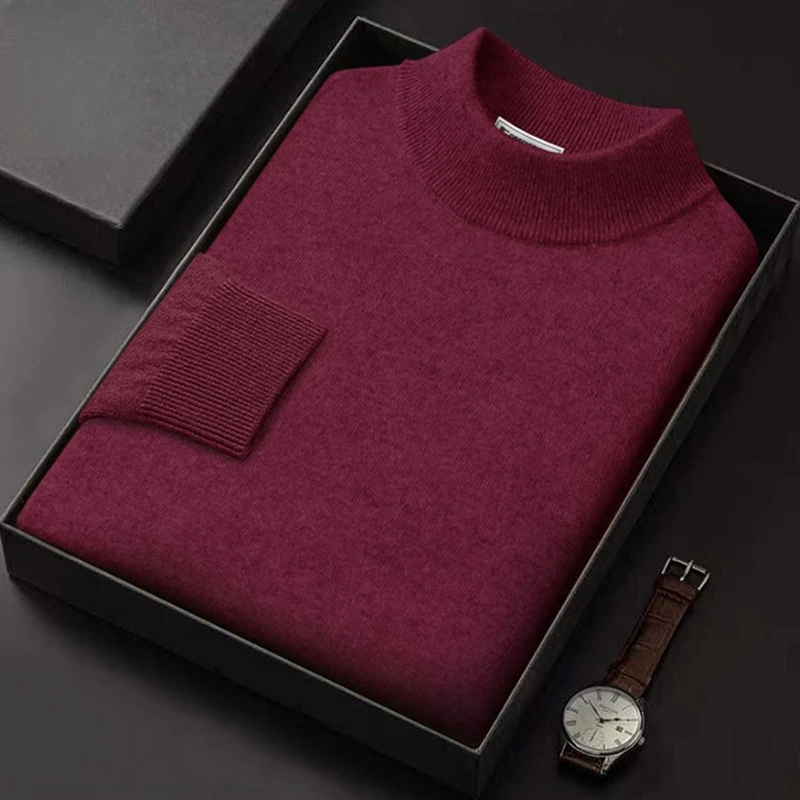 Autumn Winter 2024 Men's Half High Collar 100% Pure Solid Color Woolen Sweater  Pullover Knitwear Large  A113