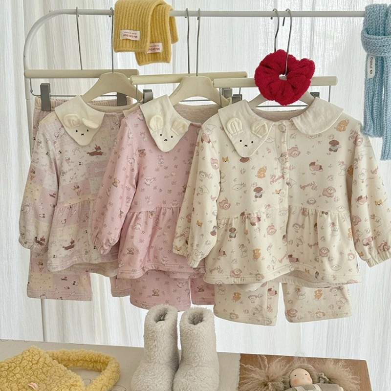 

Children's Pajamas Set Winter New Toddler Kids Girls Velvet Warm Loungewear Sweet Loungewear Set