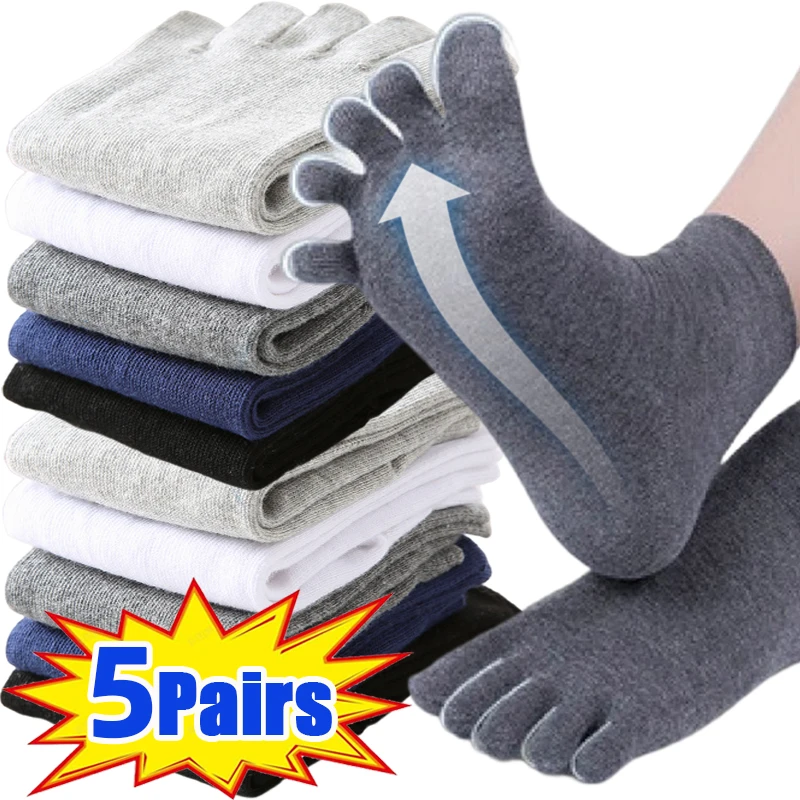 Chaussettes de sport respirantes à cinq orteils pour hommes, confortables, monochromes, mode décontractée, tube moyen, pur coton, 5 paires