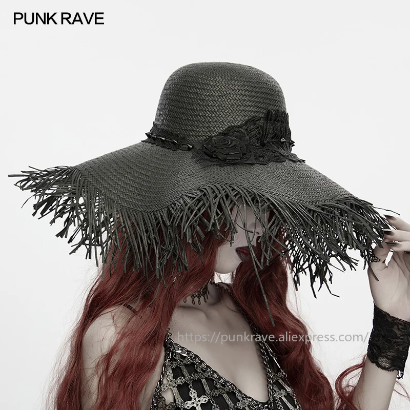 PUNK RAVE Women's ​​​​​​​Goth Witch Fringed Floral Wide Brim Straw Hat Lightweight Mysterious Vintage Elegance Party Accessories