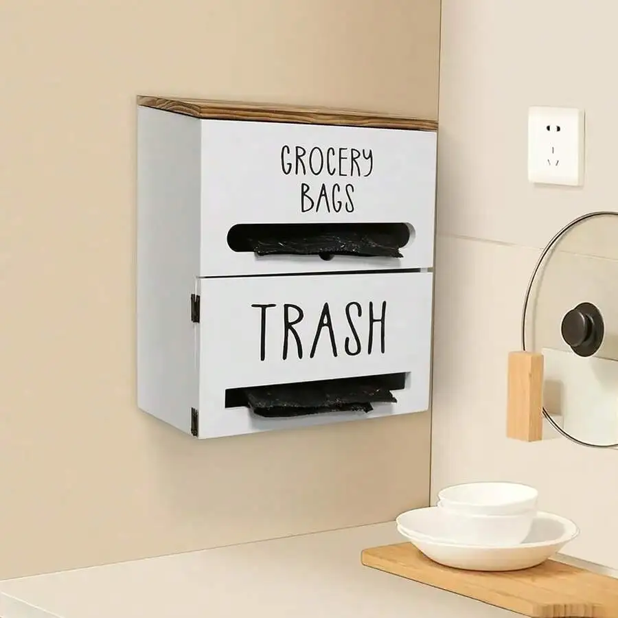 

2 In 1 Wall Mounted Trash Bag Dispenser For Kitchen Garage Laundry White Large