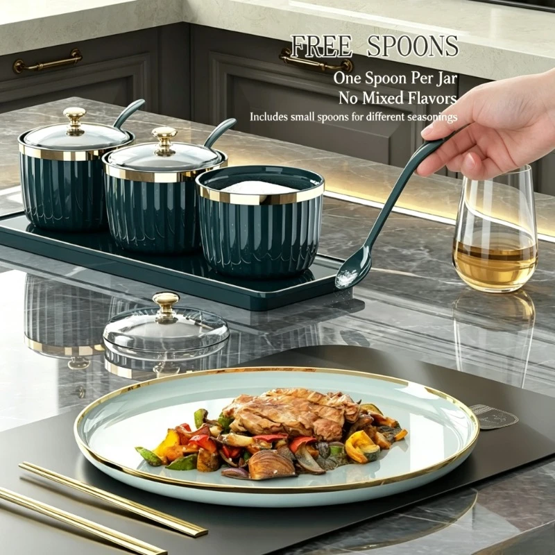 Elegant 3-Piece Seasoning Jar Set - Vertical design with gold knob cover, perfect for finishing kitchen countertops