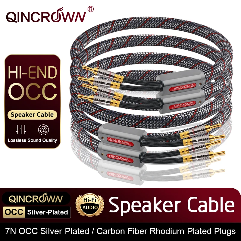 QINCROWN Premium Audiophile Speaker Cable 7N Silver Plated OCC 24K Gold Self-Locking Banana Plug for HiFi Amp Turntable