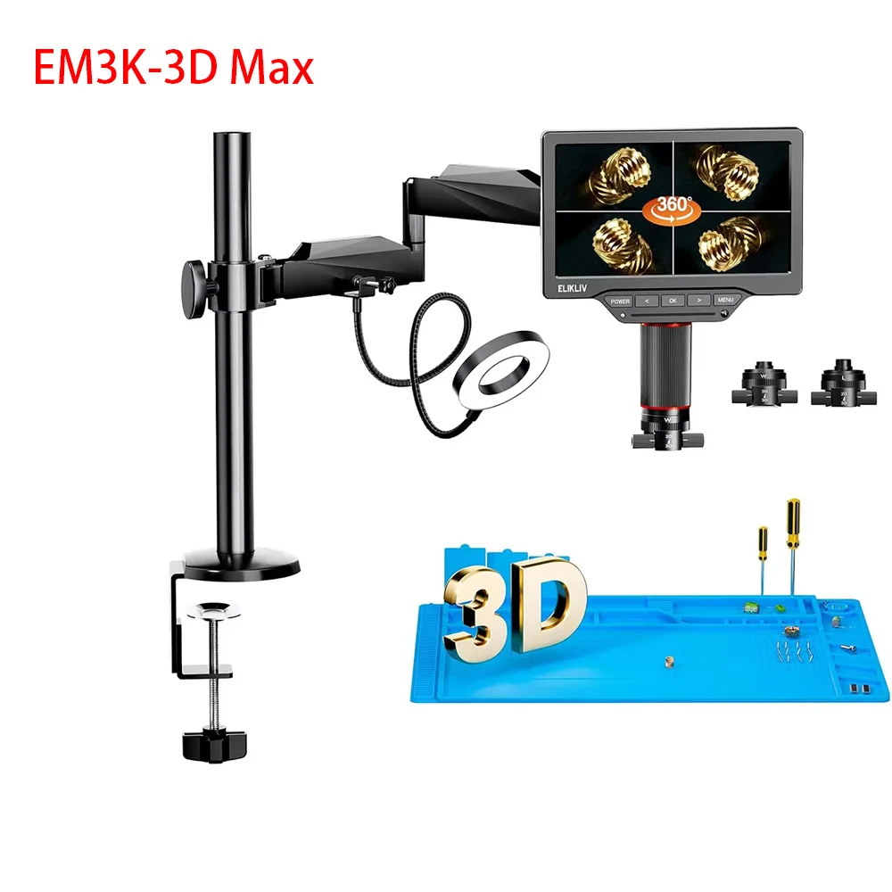Elikliv 10.1'3D Digital Microscope with Magnetic Dual Lens HDMI 3K Soldering Microscopio for Electronics W/Flex Arm EM3K-3D Max
