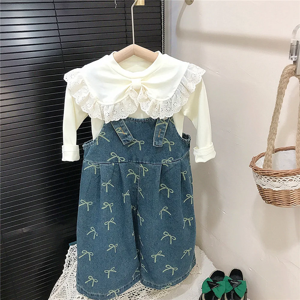 Korean Spring Autumn Little Girl 2PCS Clothes Set Lace Bow Collar Undershirt Suit All Print Denim Strappy Pant Baby Girl Outfits