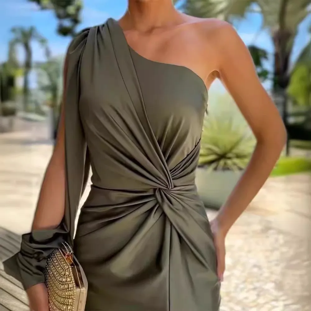 Elegant Party Dress Off Shoulder Slit Dresses Sleeveless Maxi Dress Twist Knot Side Slit Dress Olive Green Satin Finish Solid