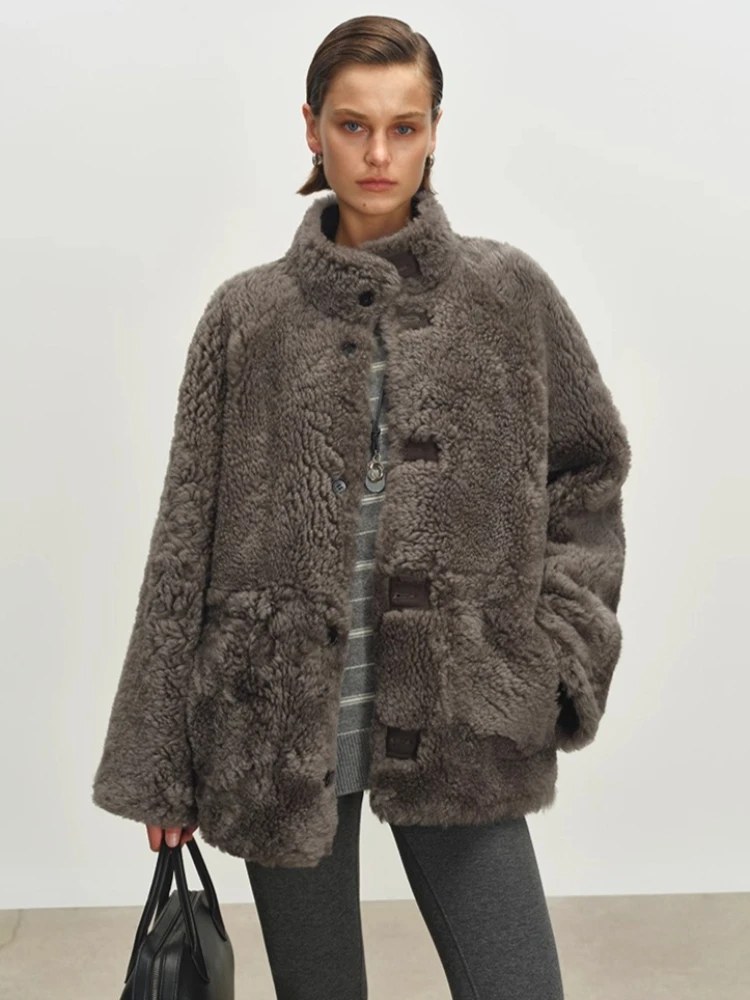 الراقية الفاخرة فرو الضأن الطبيعي سترات من جلد الغزال للنساء بسيطة خمر على الوجهين ارتداء الشتاء جلد طبيعي معطف الفرو الحقيقي #6