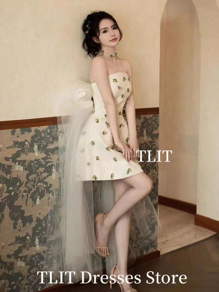 TLIT biała satynowa suknia wieczorowa suknia ślubna sesja zdjęciowa bez ramiączek długa tiulowa suknia wieczorowa o długości mini dostosowane formalne przyjęcie