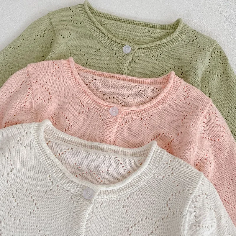 Summer Baby Sunscreen Cardigan 0-3Years Kids Boy Girl Solid Color Long Sleeve Heart Hollow Out Knitwear Sweater Cotton Clothes