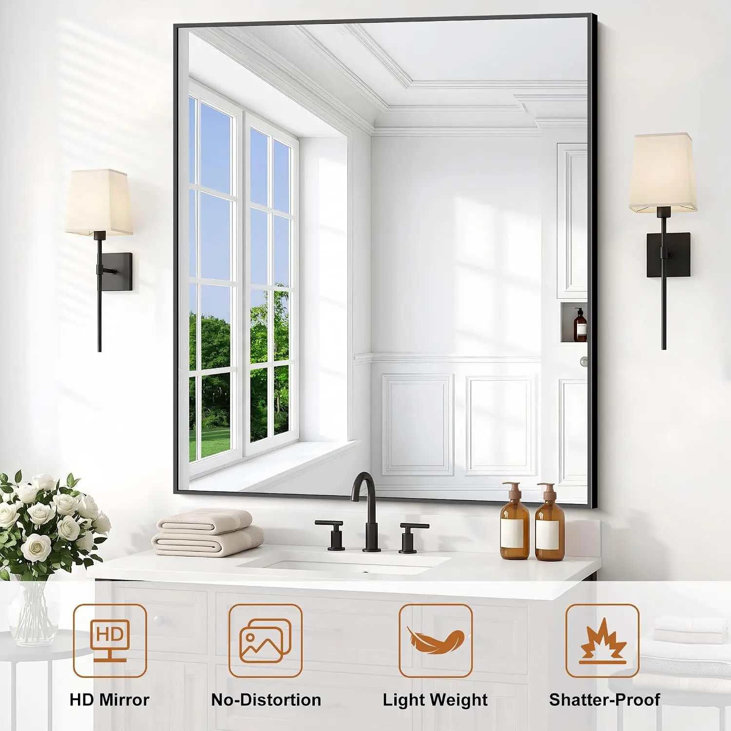 36x40 Inch Rectangle Wall Mirror Black Metal Frame Modern Vanity Decor Entryway Bathroom Living Room Hangs Horizontal Vertical