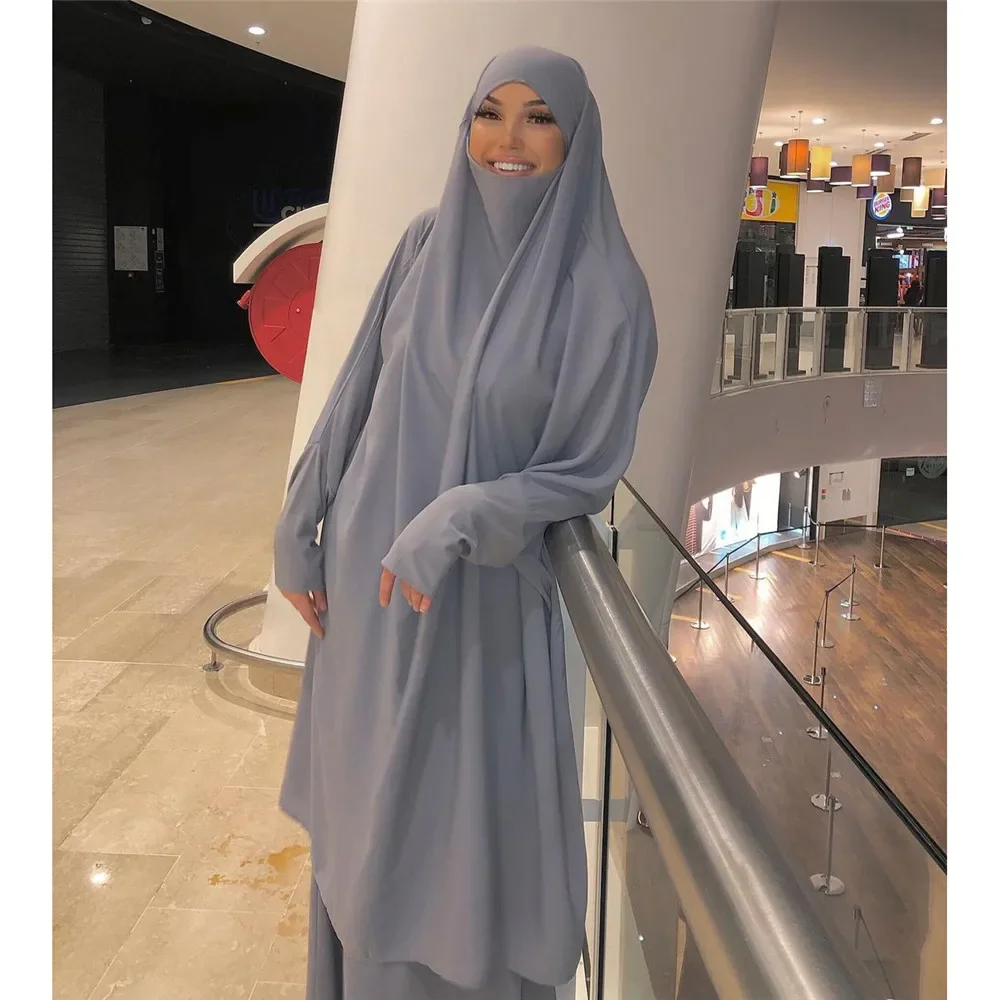 Abaya bertudung Lebaran wanita 2 potong Set doa garmen atasan rok setelan pakaian Islam Abaya Ramadan Khimar Full Cover Kaftan Dress