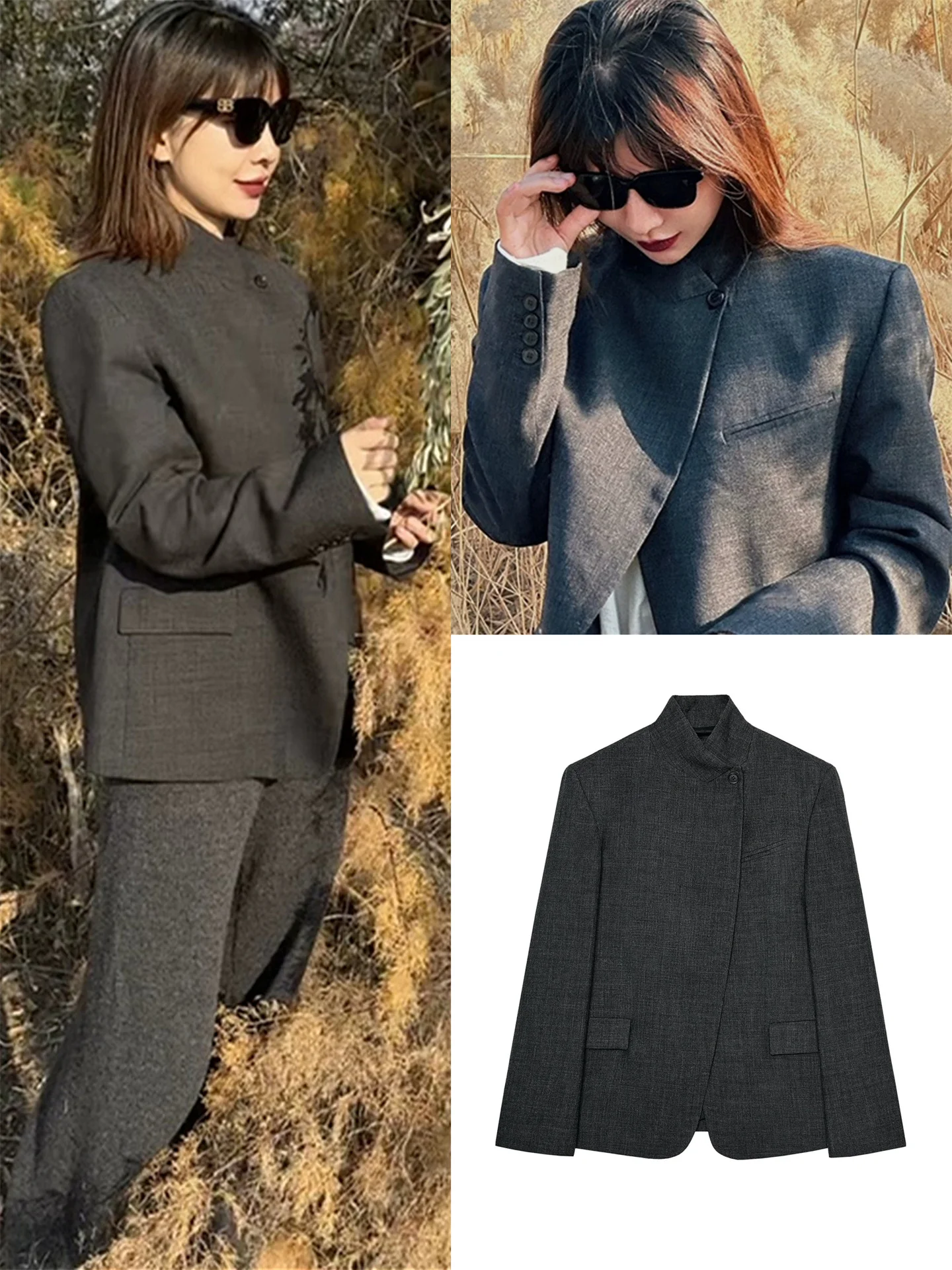 

Casual Sle Long Sve Stand Collar One Button Asymmetrical Opening Suit Jaet Autumn New Arrival Women's Faion