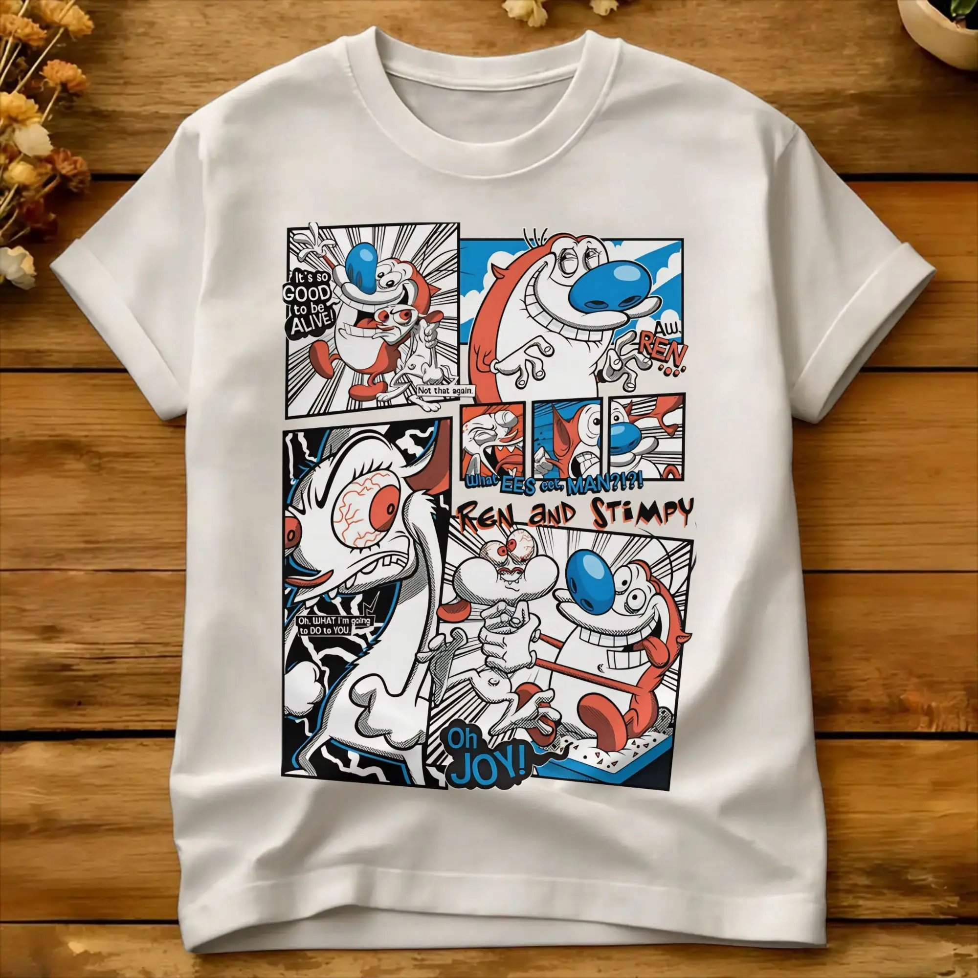 Men's T-Shirt Ren And Stimpy Vintage Color Pop Comic Strip Poster   T-Shirts Hip Hop  Summer Tee Shirt Streetwear Cotton Tops