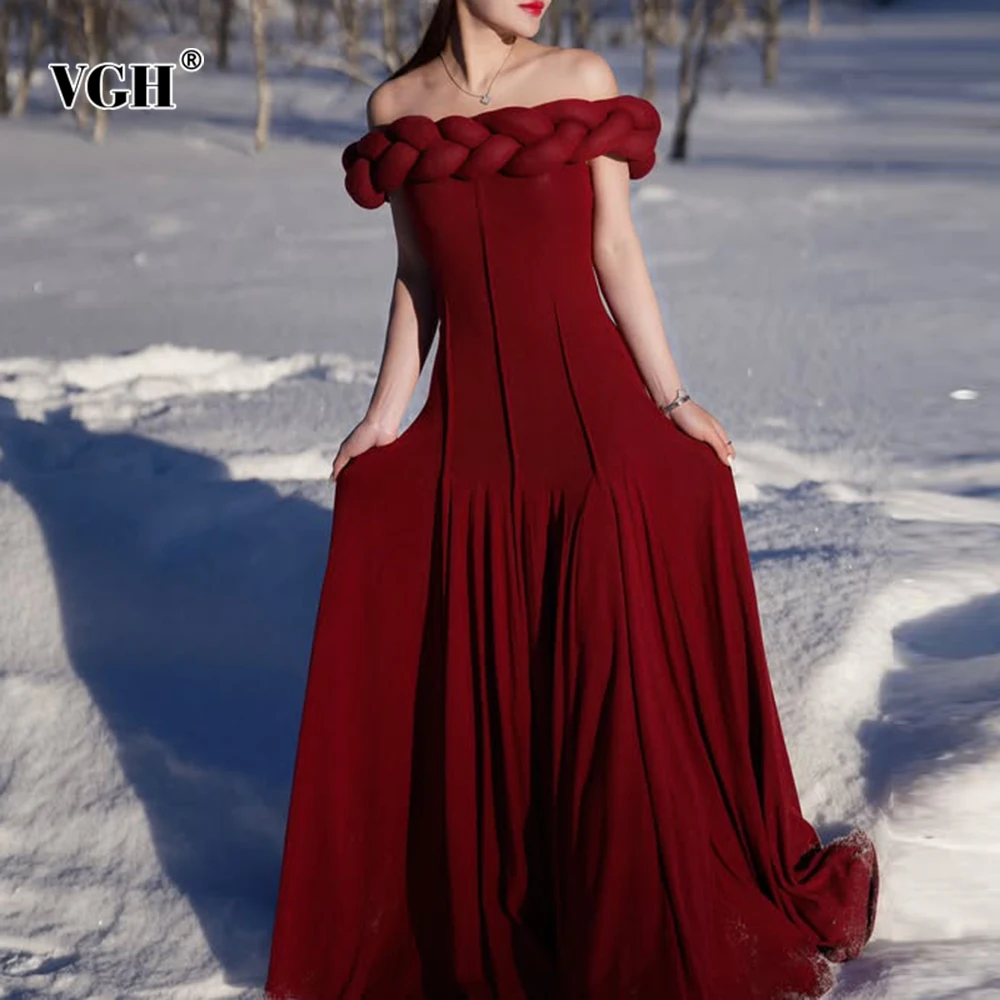 

VGH Solid Retro Slimming Long Dresses For Women Slash Neck Off The Shoulder Sleeve High Waist Draped Elegant Dress Female New