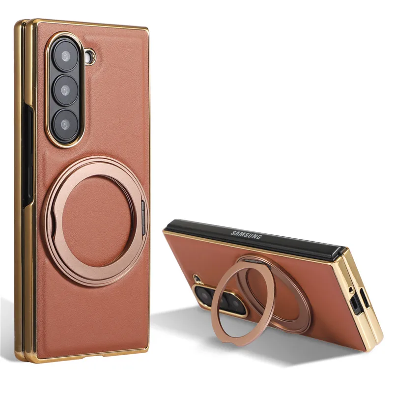 

Car Magnetic 360 Metal Phone Holder Case For Samsung Galaxy Z Fold 6 Fold 5 Flip 6 5 Premium Leather High-end Gold Plating Cover