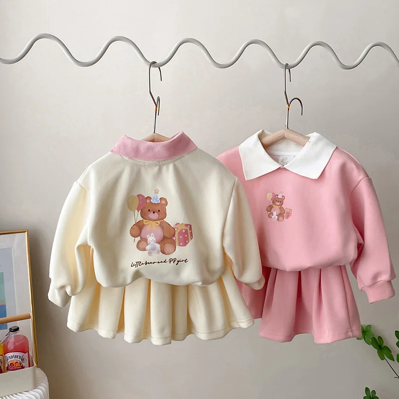 Girls Sweatshirts +Skirts Kids Suits 2PCS/Set 2023 Apricot Spring Autumn Cotton High Quality Sport Uniforms Children Clothing