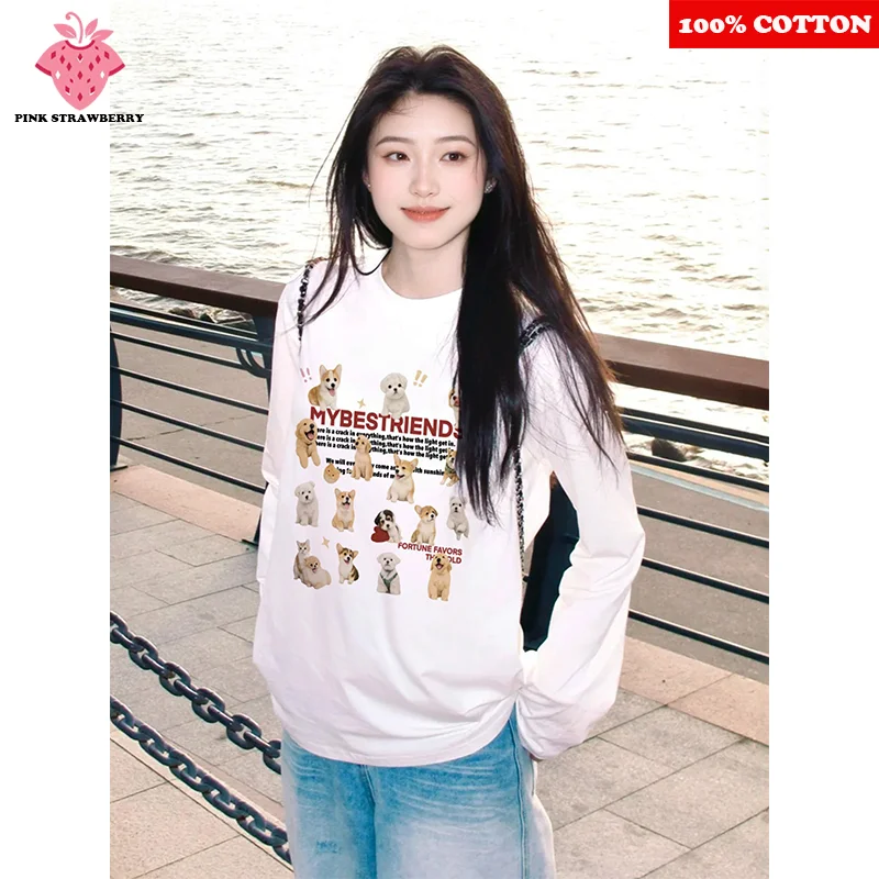 

White Cute Dog Print T-shirt Women Autumn 2025 New Korean style Long sleeves Loose Casual T-shirt Y2k Top kawaii Female clothing