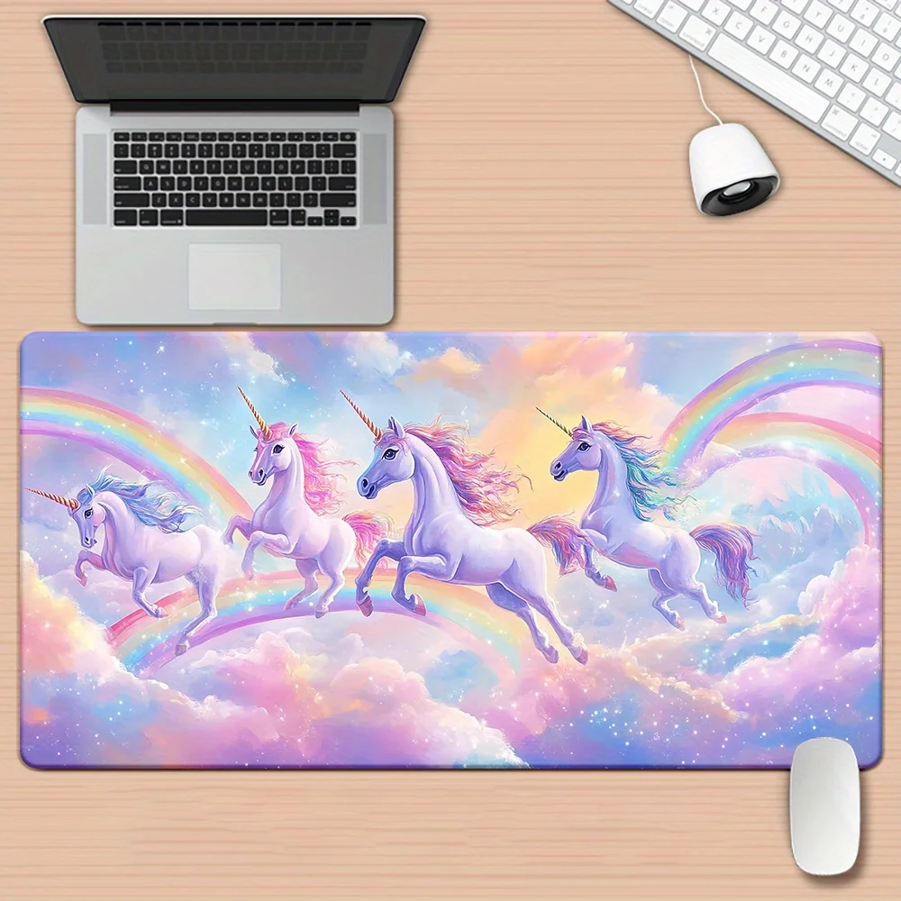 1pc XXL Unicorn Rainbow Desk Mat, HD Printed Rubber Mousepad, Multi-Functional Gaming Keyboard Pad, Office PC Gamer Mat