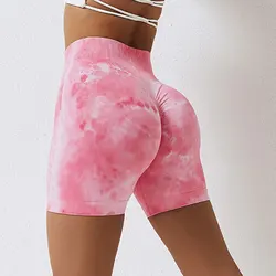 Tie Dye estilo cintura alta rápida seca fitness calças triplas, Yoga Sports Shorts apertados, Push Up sem costura, Honey Peach Hip Lift, Sexy