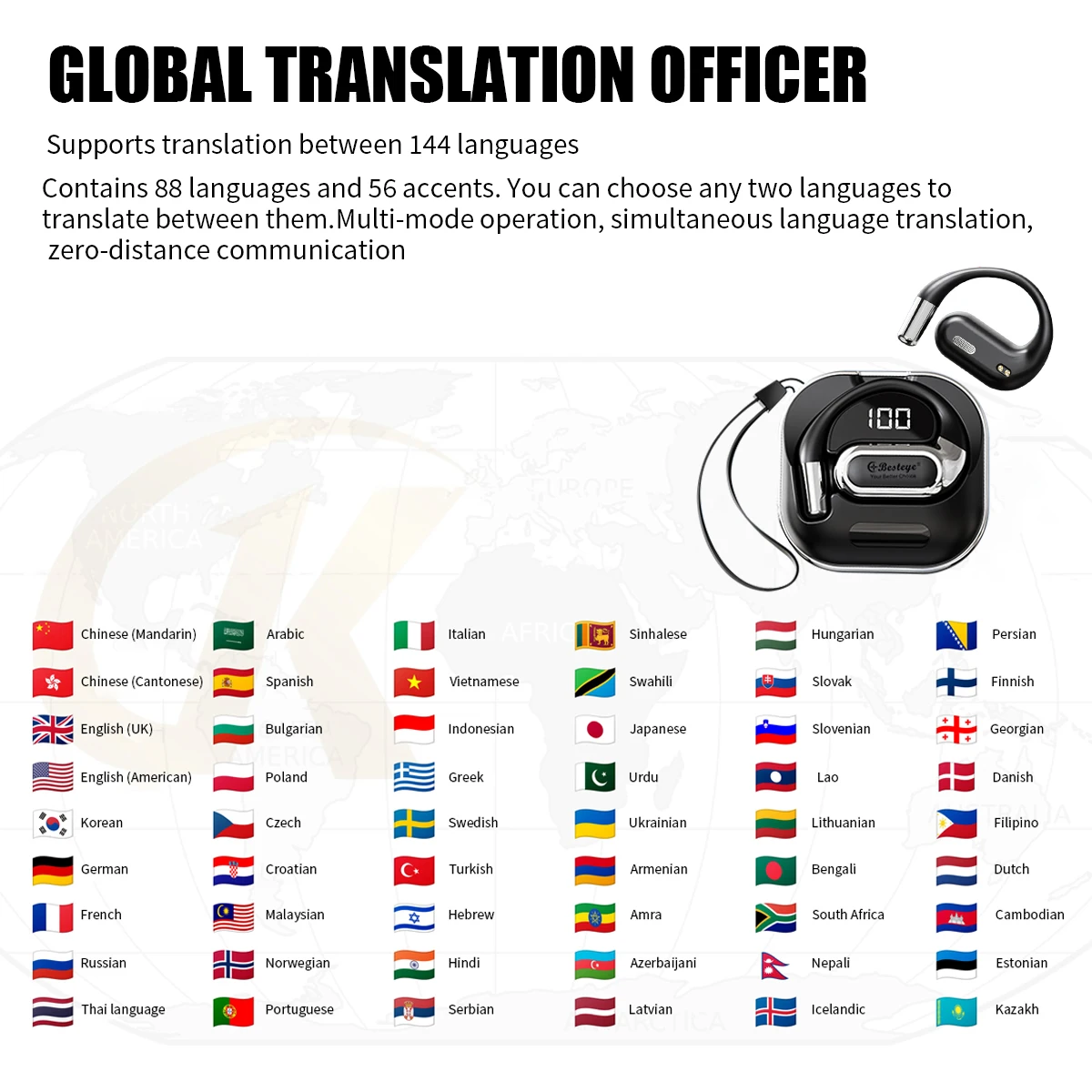 Smart Bluetooth AI Translator Earphone Instant Two-Way Voice 144 Languages Device for Business Travel Online Feature BT Included