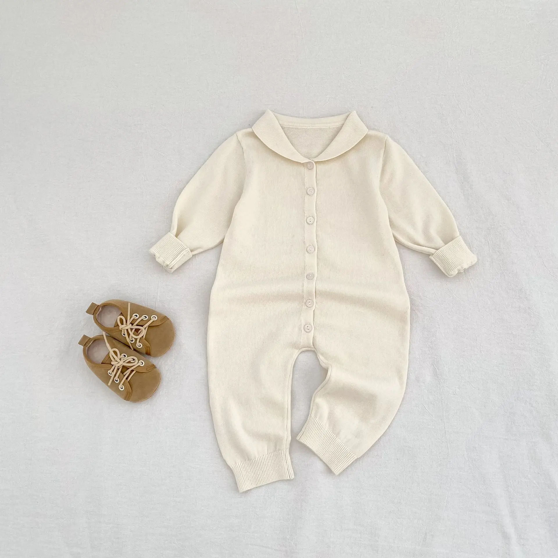 

2025 Autumn New Baby Long Sleeve Lapel Romper Solid Infant Boy Girl Casual Knitted Jumpsuit Newborn Loose Cotton Clothes 0-24M