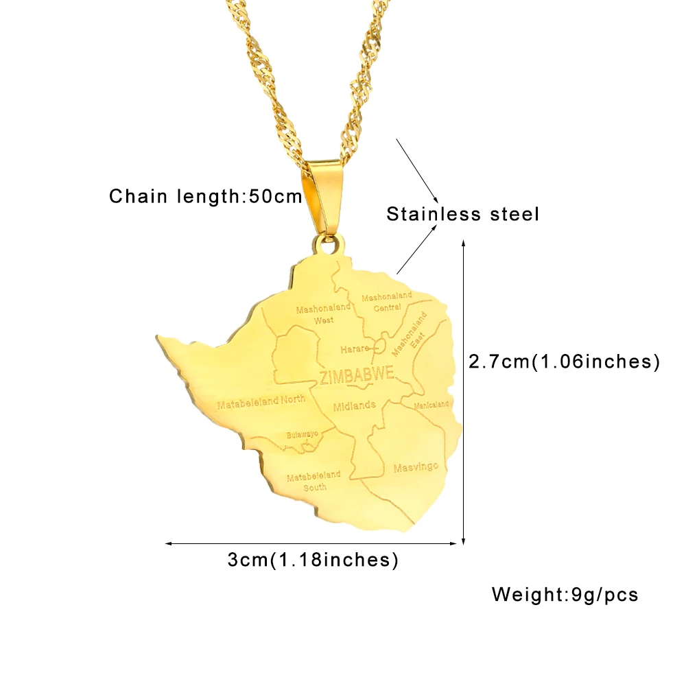 Mode Simbabwe Karte Stadt Anhänger Halskette Edelstahl Gold Silber Farbe Männer Frauen Afrika Karte Schmuck Geschenk – Detail 1
