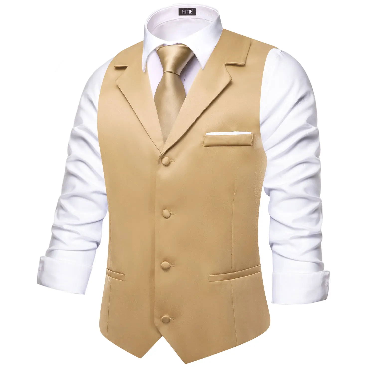 Hi-Tie Champagne Solid V-neck Mens Vest With Tie Jacquard Tuxedo Dress Waistcoat Adjustable Jacket Casual Business Party Fashion