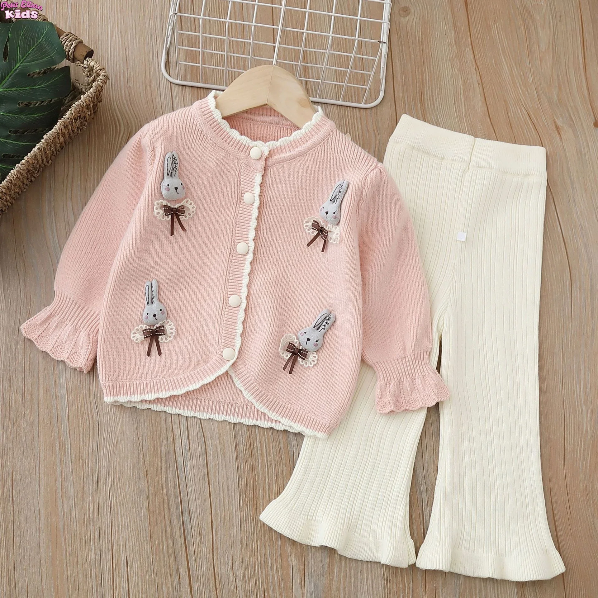 

Toddler Girl Knitted Set 2-6Y Kids Clothes Girls 3D Bunny Plush Cardigan and Flared Knit Pants Cute Girls's Sets Outfit