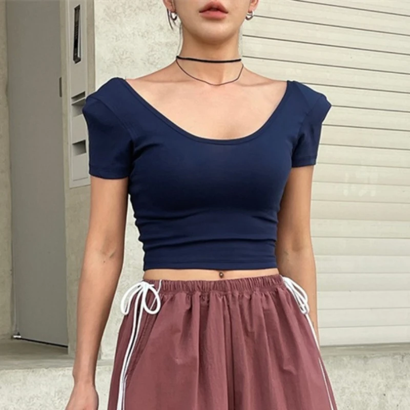 Korean Women 2026 Summer Sports Casual Crop Top Double U-Neck Short Sleeve Shoulder Pad T-shirt Solid Slim Simple Versatile Tees
