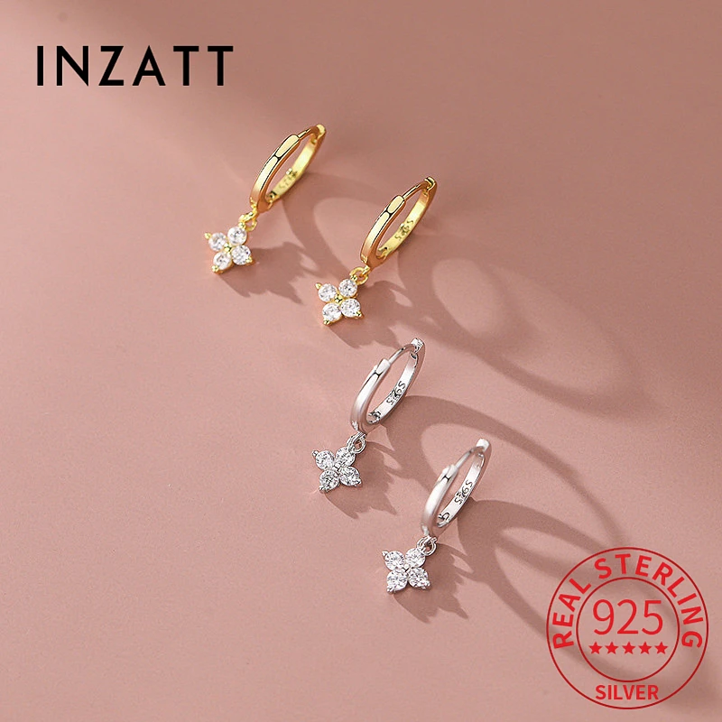 INZATT Real 925 Sterling Silver Flower Sweet Zircon Clover Hoop Earrings For Women Wedding Temperament Simple Fine Jewelry