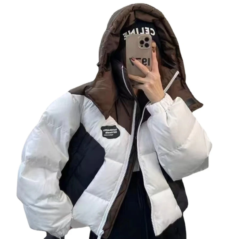 New Winter Short Down Jacket Splicing Thickened Personality Warm Fashion Cotton Jacket Hooded Winter Coat Women Jacket Women