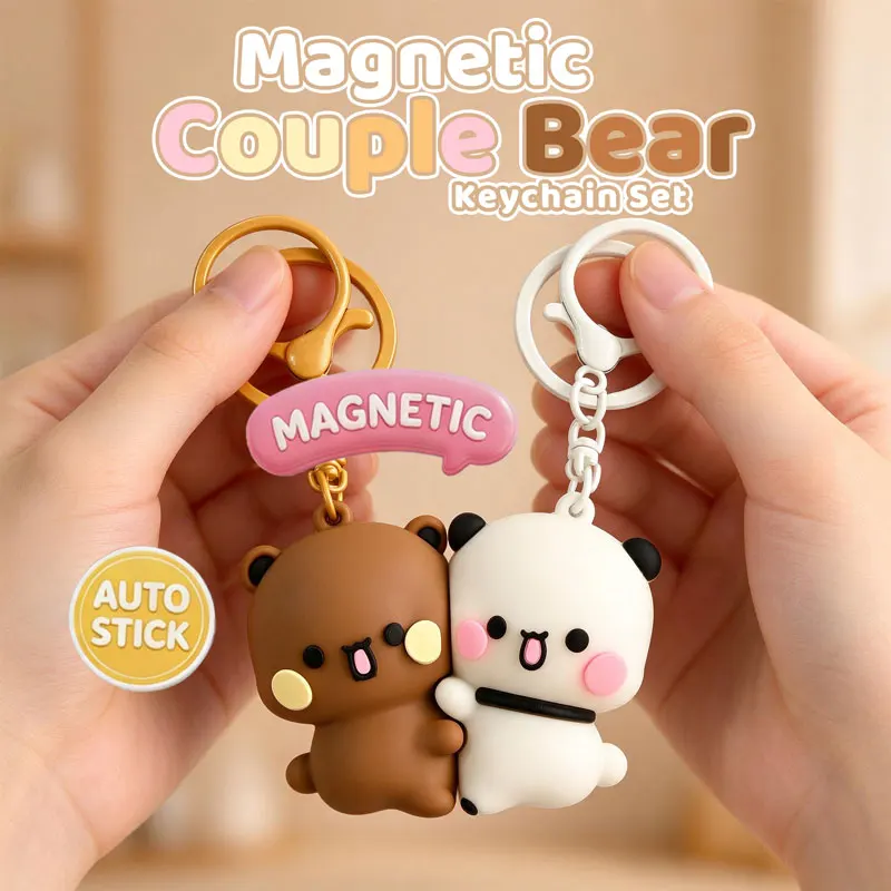 Bubu Dudu Magnetic Couple Keychain Set Cute Hugging Bear Panda Backpack Pendant Lovely Bag Charm Valentine Gift for Teens Adults