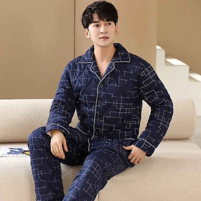 Xadrez impressão acolchoado pijamas masculinos conjunto de inverno puro algodão grosso manga longa calças conjunto casual outono serviço de casa masculino pijamas