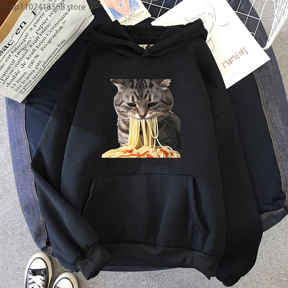 Cat Eating Spaghetti Hoodies Women Cute Graphic Sweatshirt  Y2k Clothes Harajuku Tops Kawaii Girls Streetwear Men Print Pullover