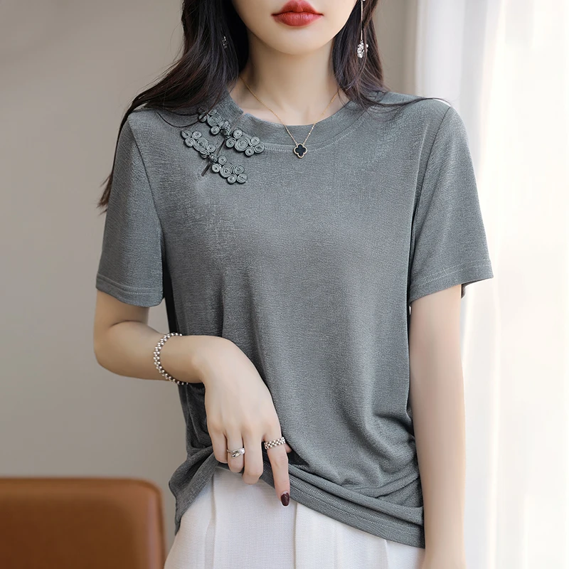 

New Chinese Light National Style Ice Silk Short sleeved T-shirt for Women's Spring/Summer Solid Color Large Size Slimming Loose