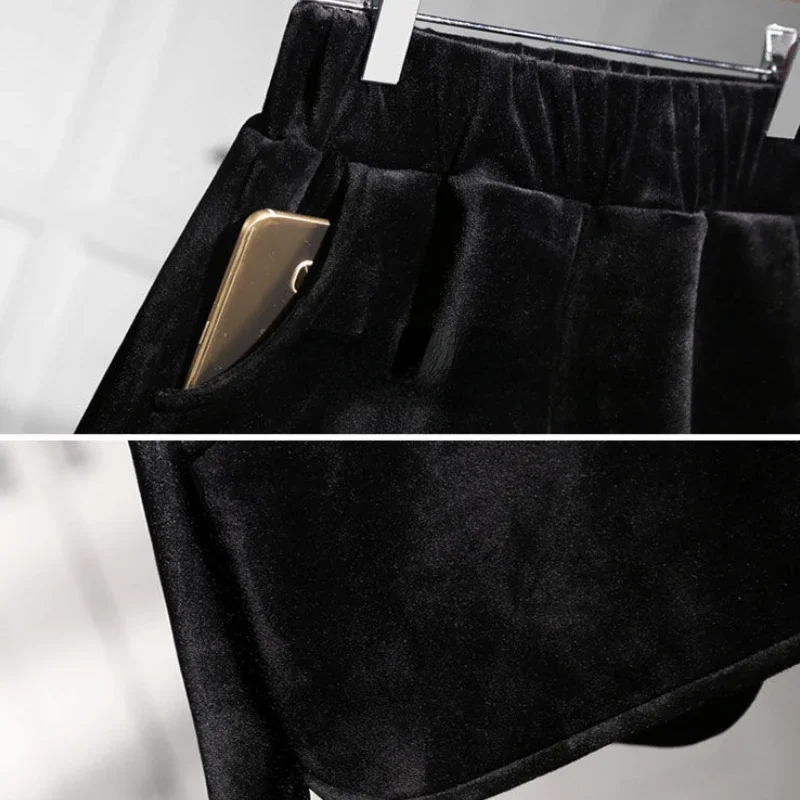 Velvet Black Shorts Women Fashion Korean Version Casual Elastic High Waist Autumn Winter Cozy Street Baggy All-match Chic Ladies