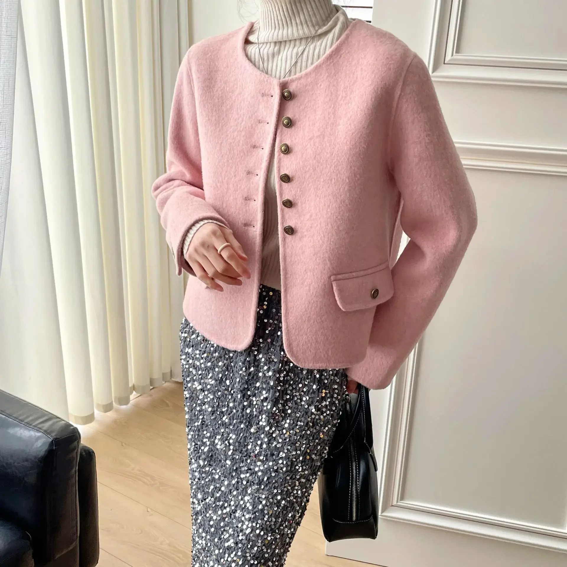 Temperament crew neck wool woolen coat winter new gold buckle loose and thin woolen coat women