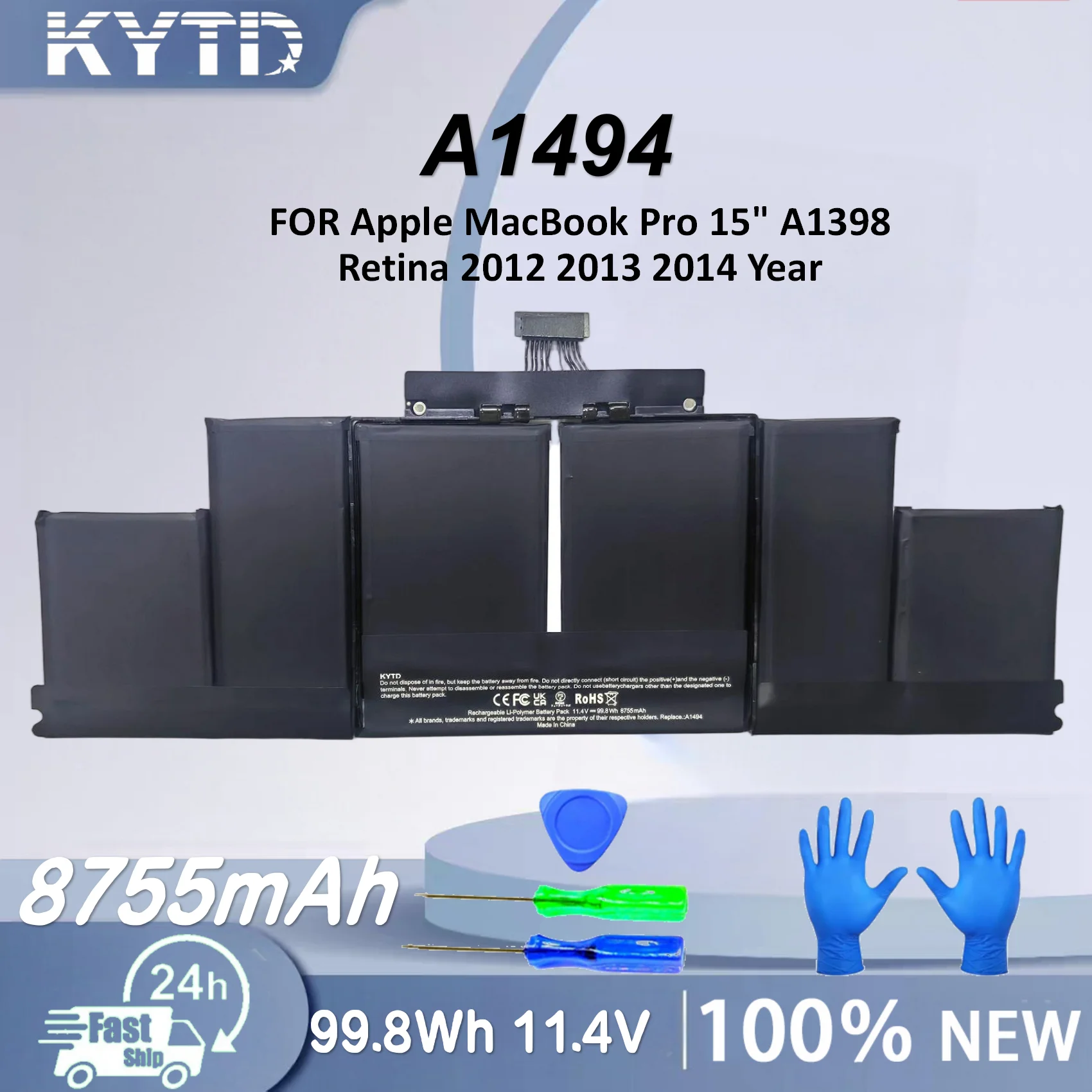 

KYTD A1494 Laptop Battery for Apple MacBook Pro 15" A1398 Retina 2012 2013 2014 Year Free Tools 500+ Cycles Fast Ship