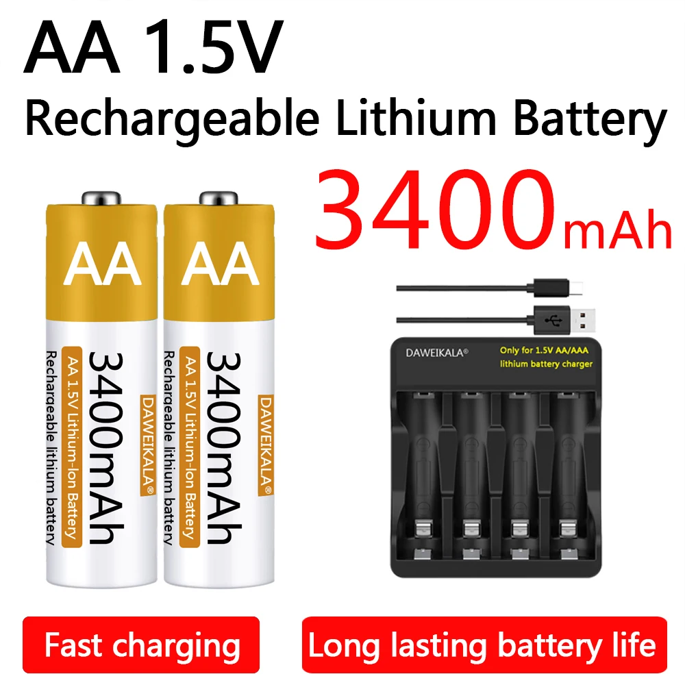 AA 1.5V Rechargeable Battery 3400mAh Lithium-ion Battery AA Battery for remote control mouse fan Electric toy with USB charger