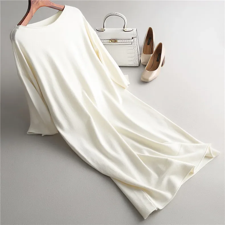 أزياء الخريف الشتاء المرأة محبوك فستان فضفاض المرأة حجم كبير شارع العليا س الرقبة المعصم كم تمتد Bodycon منتصف العجل اللباس