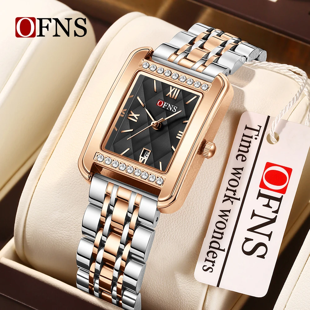 OFNS ยี่ห้อใหม่ 1557 แฟชั่นผู้หญิงนาฬิการูปแบบเพชรกันน้ําปฏิทินฝังเพชรนาฬิกาผู้หญิง 2025