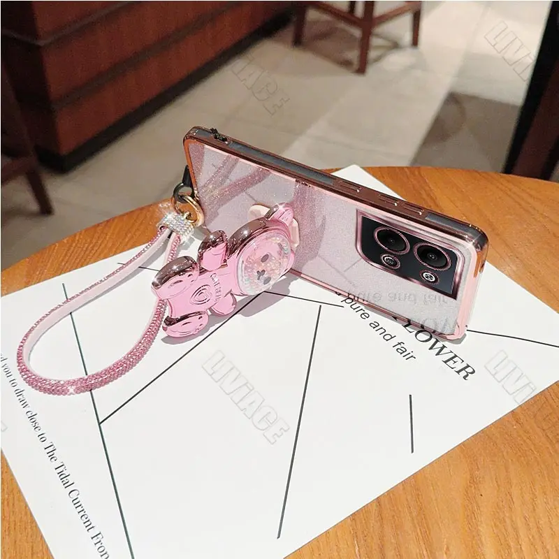 Reno7 Reno2 Reno3 Diamond Strap Glitter Bear Phone Holder Case On For Oppo Reno 7 2 Z 2Z 3 4 5 5K 6 6Z SE Pro 4G 5G Stand Cover
