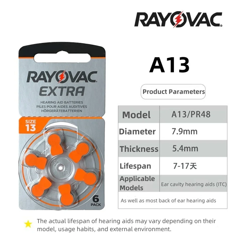 Hearing Aid A13 Battery 6-60PCS RAYOVAC EXTRA Zinc Air Batteries 1.45V.13A A13 P13 PR48 Battery For BTE CIC RIC OE Hearing Aids