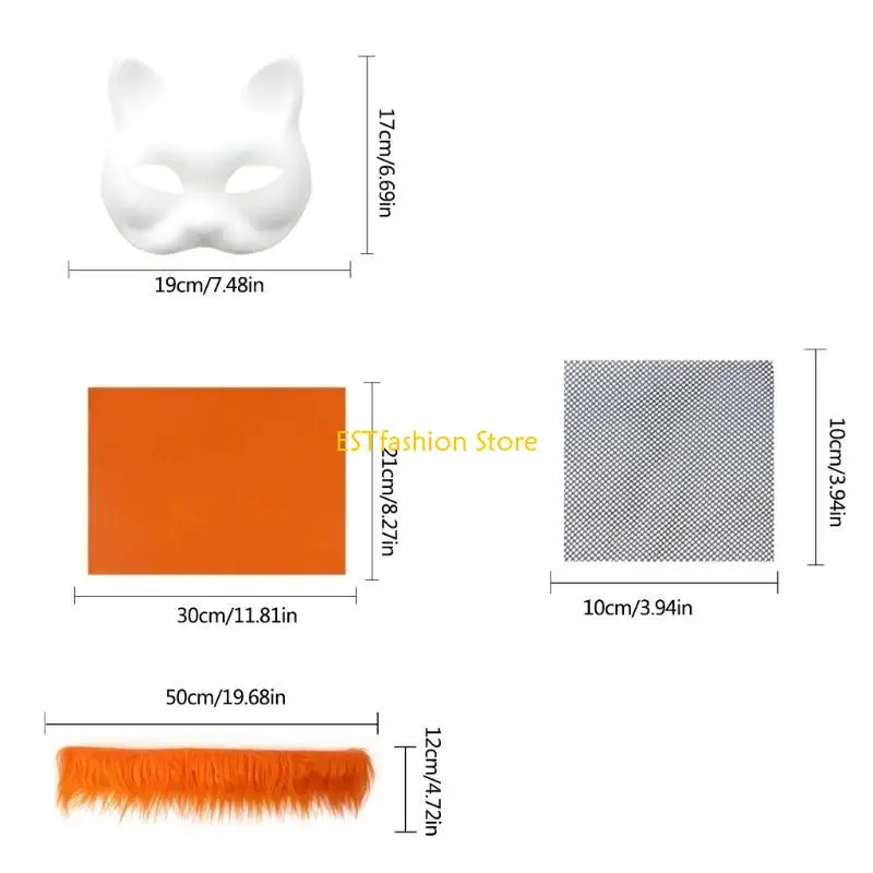 Y5GC Therians Mask with Furs,Eye Mesh,DIY Blank White Paper Half Face Mask to Paint,Cats Nask for Halloween Cosplay Party