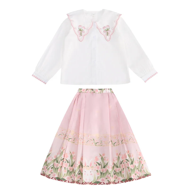 

Chinese Style Clothing Ancient Improved Hanfu Two Piece Set of Doll neck Embroidered Top Horse Face Skirt Daily Suit for Girls