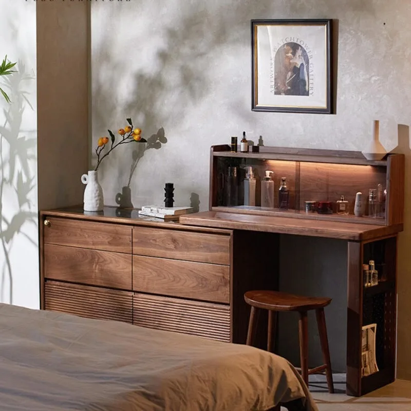 Solid wood dresser chest integrated makeup table storage bedside cabinet black walnut bedroom removable