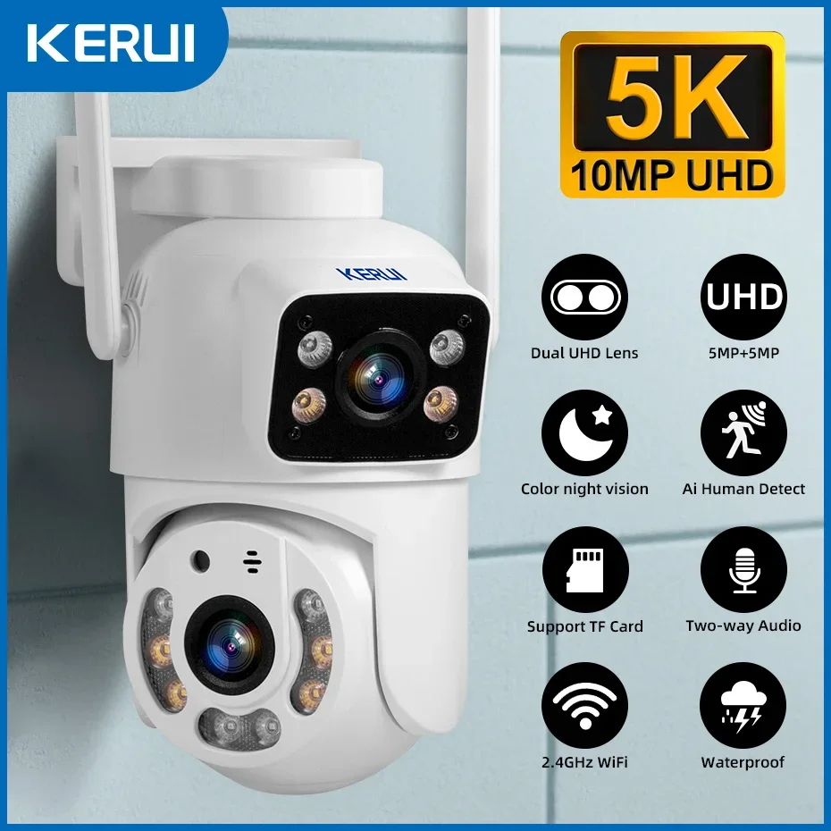 KERUI Dual Lens HD 10MP 5K PTZ Wifi IP Camera Wireless Outdoor CCTV Audio Video Surveillance Camera Night Vision Free AI Detect