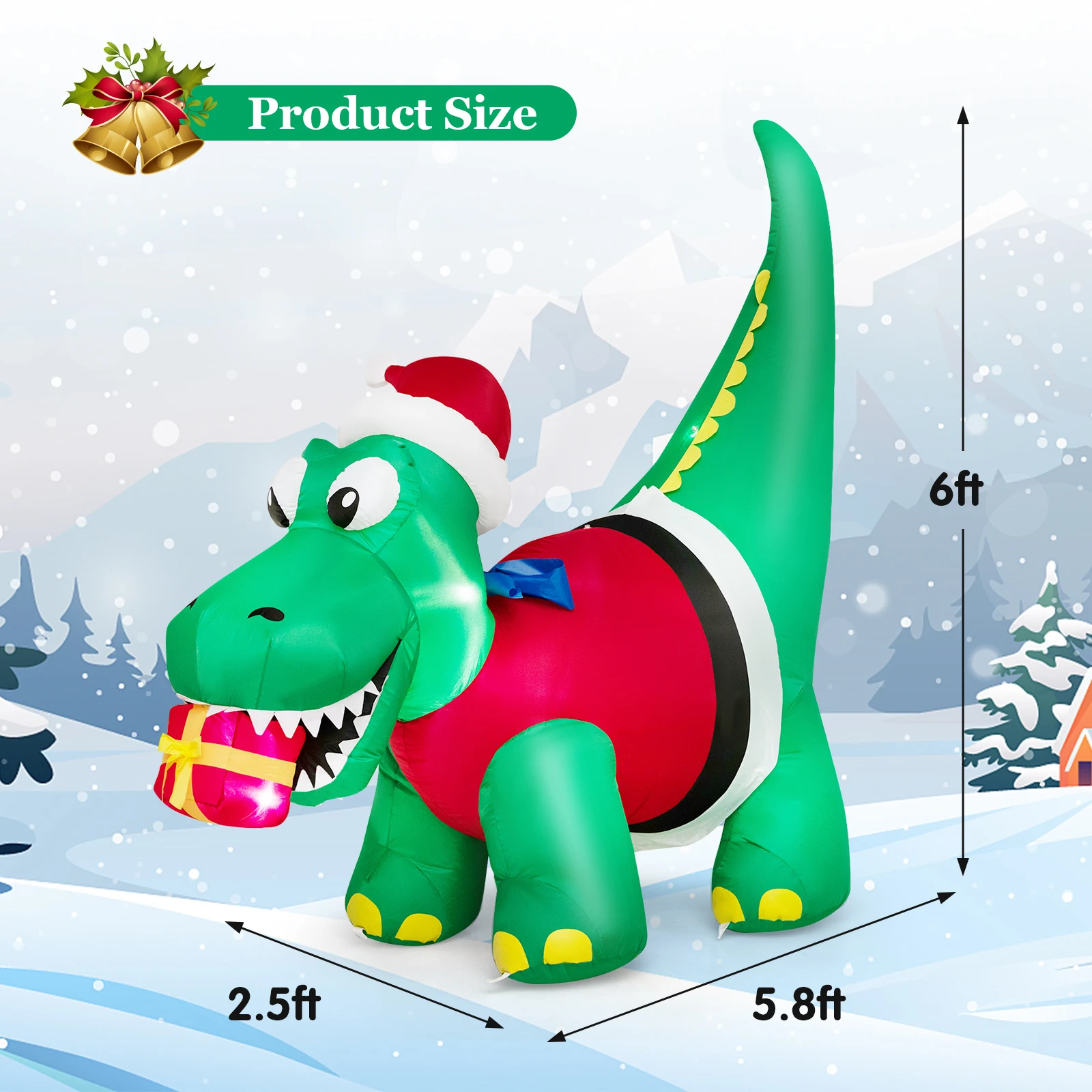 6FT Inflatable Christmas Dinosaur w/ LED Lights Gift Box & Blower Party Yard